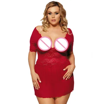 

2018 exotic babydoll plus size sexy lingerie short sleeve v-neck erotic sexy nightwear red lace sheer women sleepwear mini dress