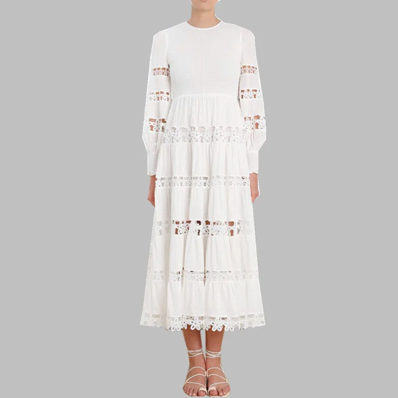 

JSXDHK 2019 Spring Runway Long Dresses Women Cotton Patchwork Lace Crochet Floral Star Party Dress Maxi Hollow Out White Dress