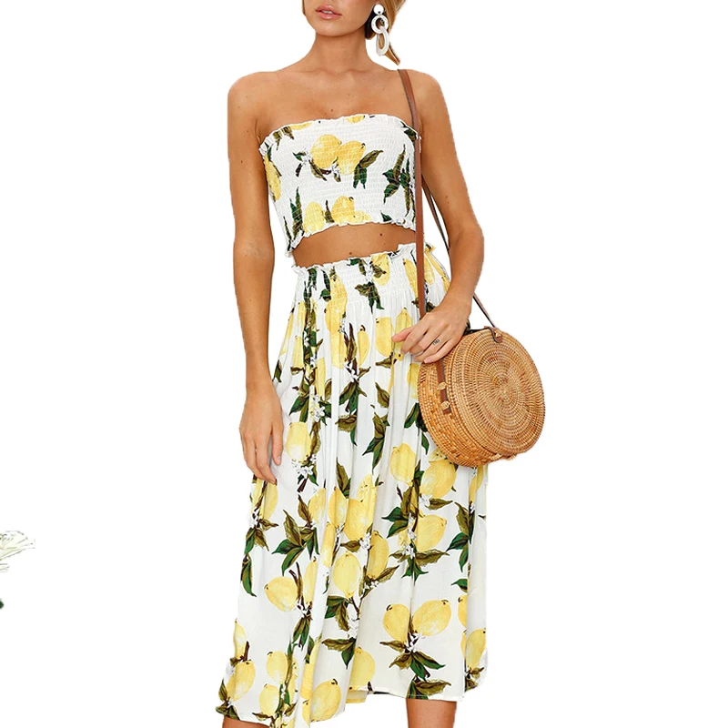 

2 Pieces Set Summer Dress Women Sexy Strapless Boho Sunflower Lemon Print Party Dress Ladies 2019 Fashion Midi Beach Dresses