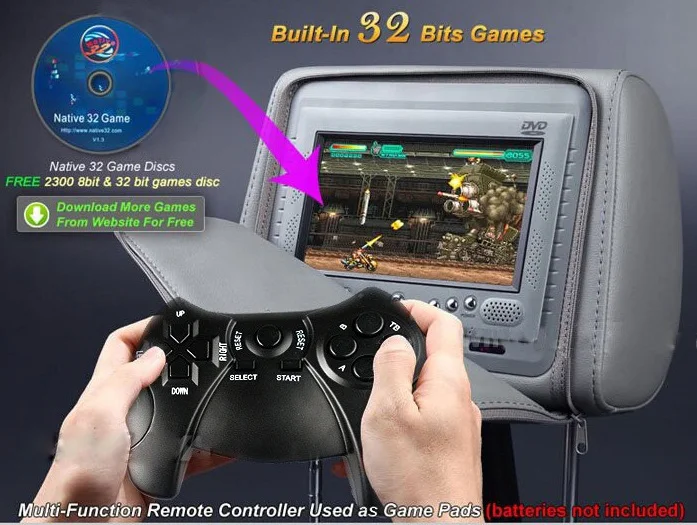 Clearance one pair 2X 7"inch car headrest DVD player,with zipper cover, USB/SD,32 bit wireless Game,IR,FM,for car,3 color optional 2