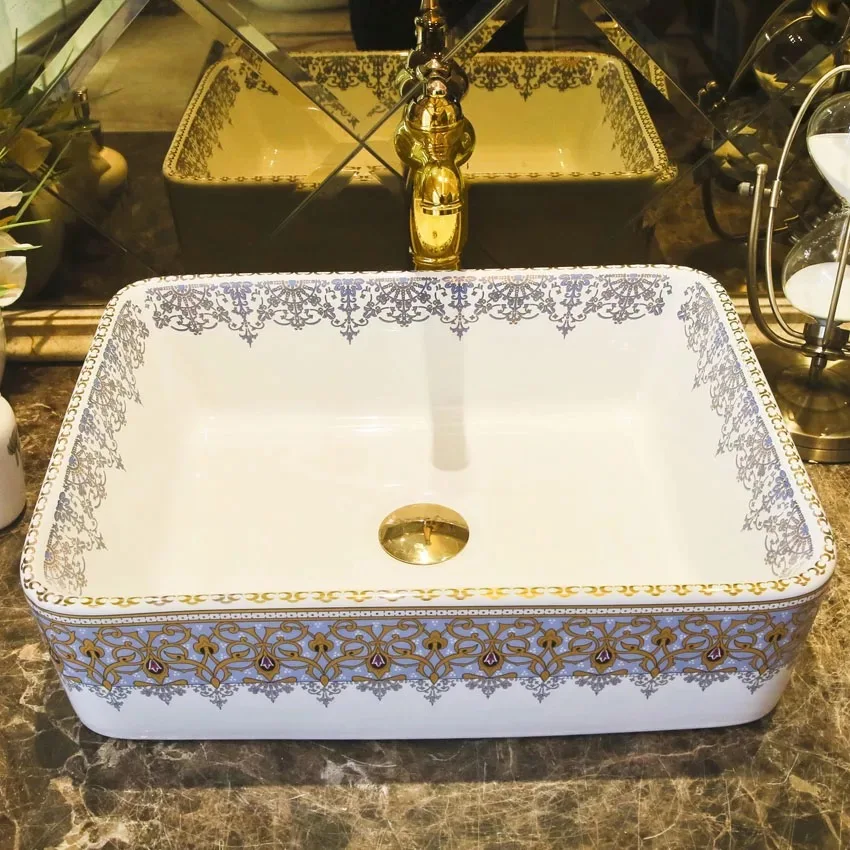 Rectangular shape luxury european style ceramic sink for bathroomin