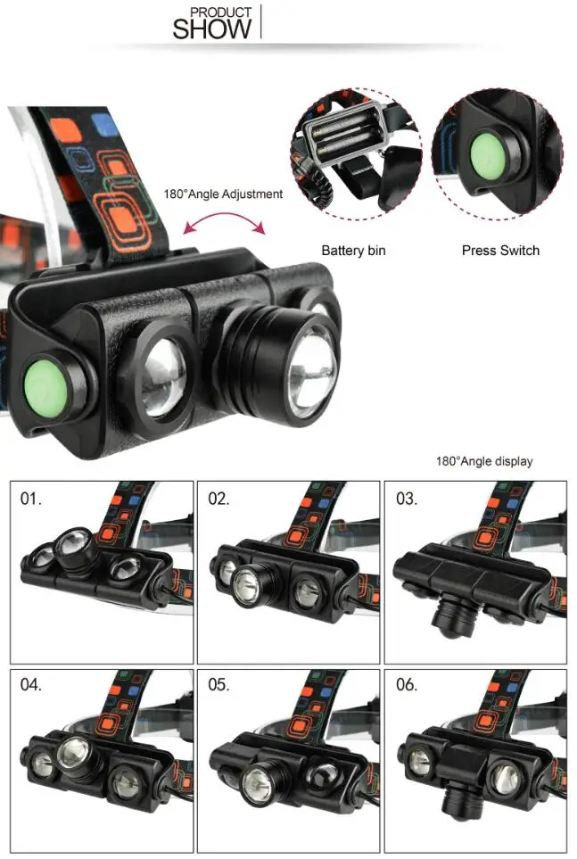 180 Регулируемый светодиодный налобный фонарь T6 + 2 * XPE Zoom Головной Lanterna головной