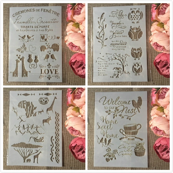 

4Pcs/Set A4 Animals Owl Bird DIY Layering Stencils Painting Scrapbook Coloring Embossing Album Decorative Template