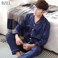 BEZL, Мужская Шелковая пижама, набор, Мужская пижама, длинный рукав, пижама, женский, с отложным воротником, для сна, для отдыха, повседневная, домашняя одежда, L-3XL