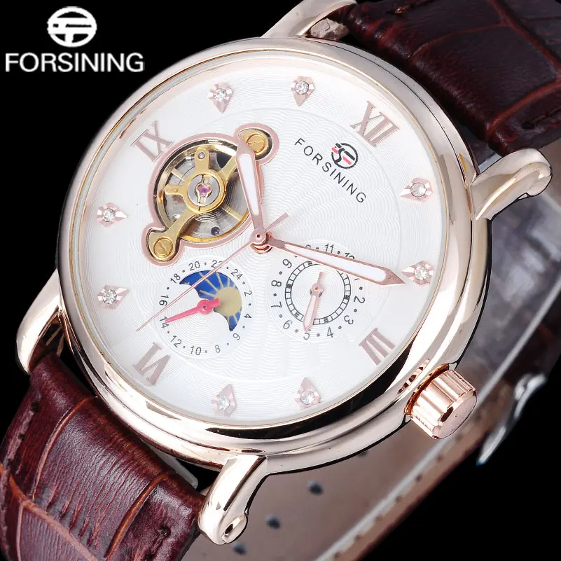 Men Watches 2016 FORSINING auto Mechanical Luxury brand rose gold number clock moon phase display tourbillion