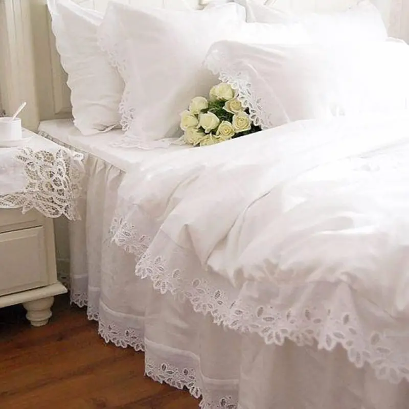 Fashion European Bedding Set White Satin Hollow Out Embroidery Bedding