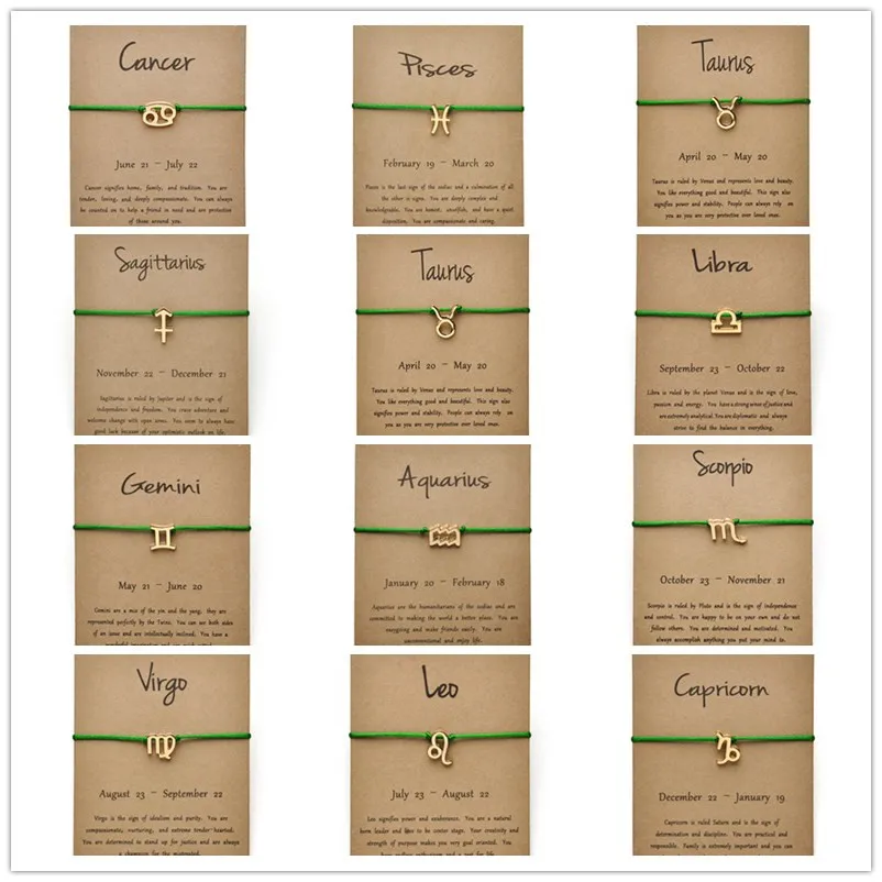 

Green Colors Gold Card Fashion Jewelry 12 Constellations Zodiac Woven Bracelet Bangles For Women
