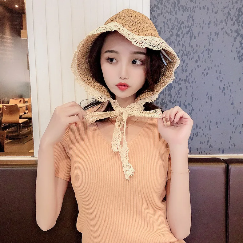 

Sweet Straw Hat Female Charisse with Sunshade Cap and Parent-Child Sunscreen lace Cap