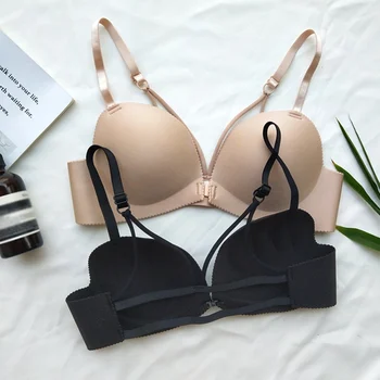 

Women Front Buckle Bras Double Shoulder Strap Sexy Femme Adjustable Gathered Solid Color Wire Free Push Up Bra Bralette