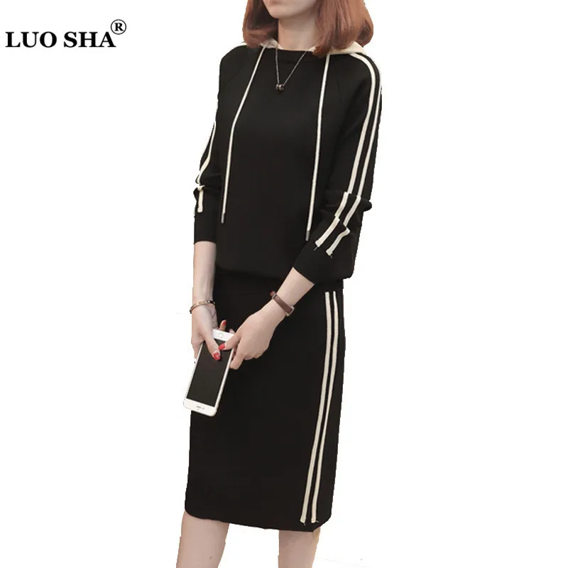 

LUOSHA Women Autumn Winter 2 Piece Set Knitted Hooded Pullover Sweater and Skirt Set Top Skirt Set Women Two Piece Tracksuit2018