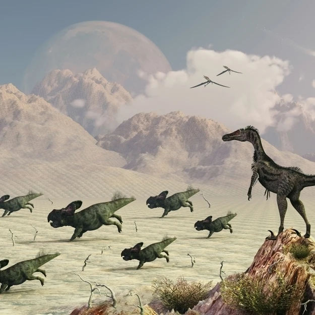 Protoceratops stampede in fear as a Velociraptor watches from above Poster Print (18 x 11)