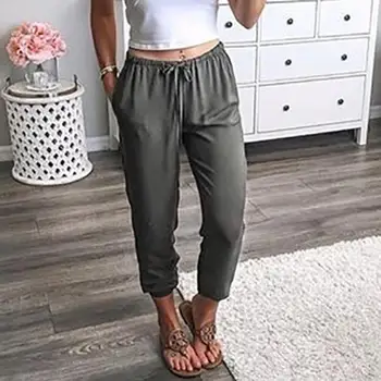 

Women Casual Loose Drawstring Waist Solid Low Ankle Drawstring, Pockets Length Pants Summer