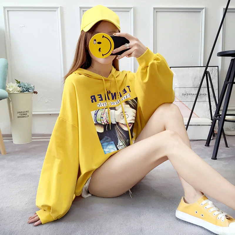 Autumn New Women Loose Hooded Sweatshirt Female Long Sleeve Sportwear Patchwork Blouse Pullover Printed Tops Harajuku Bts Hoodies
