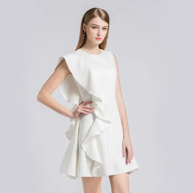

2019 Asymmetrical Solid O Neck Club Wear Dresses White Red Black Summer Style Dresses Ruffles Mini Female Sundress sukienka