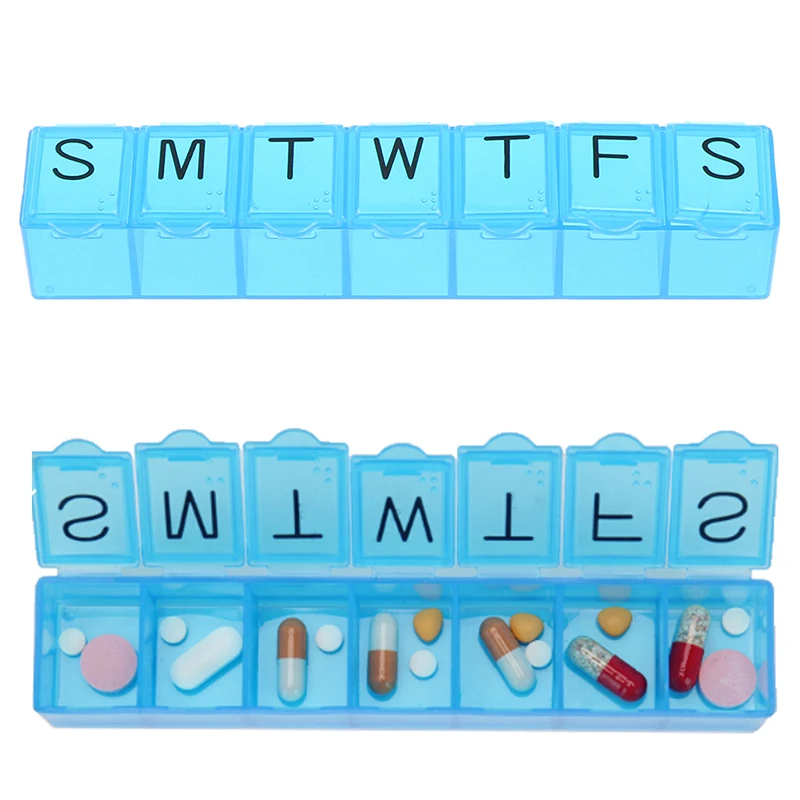 

Weekly Tablet Pill Medicine Box Holder Storage Organizer Container Case 7 Days Pill Box Splitters Blue Color 15*3.2*2.5cm