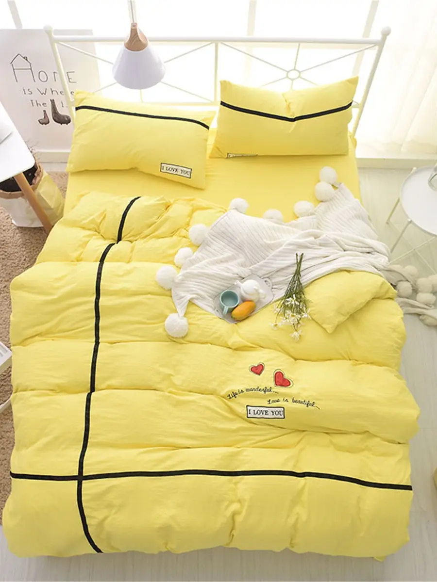 

4Pcs Duvet Cover Set Comfy Simple Soft Washable Cotton Letter Pattern Embroidered Bedding Set