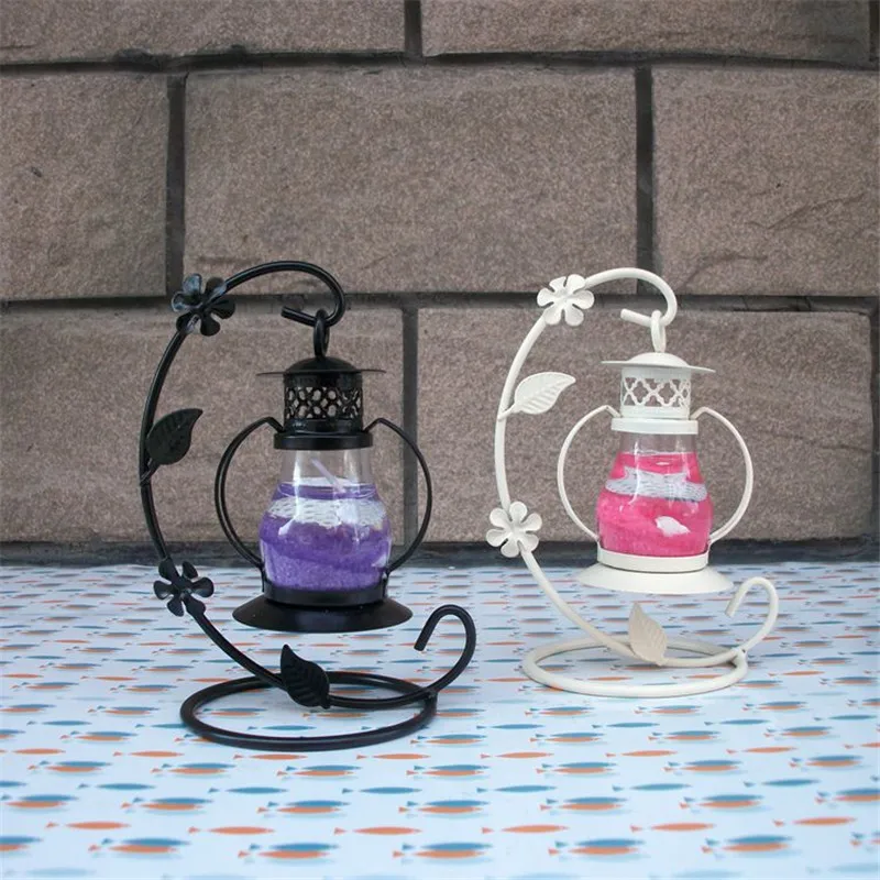 Home Garden Glass Iron Lantern Candle Holder Lamp Home Wax Tea Light