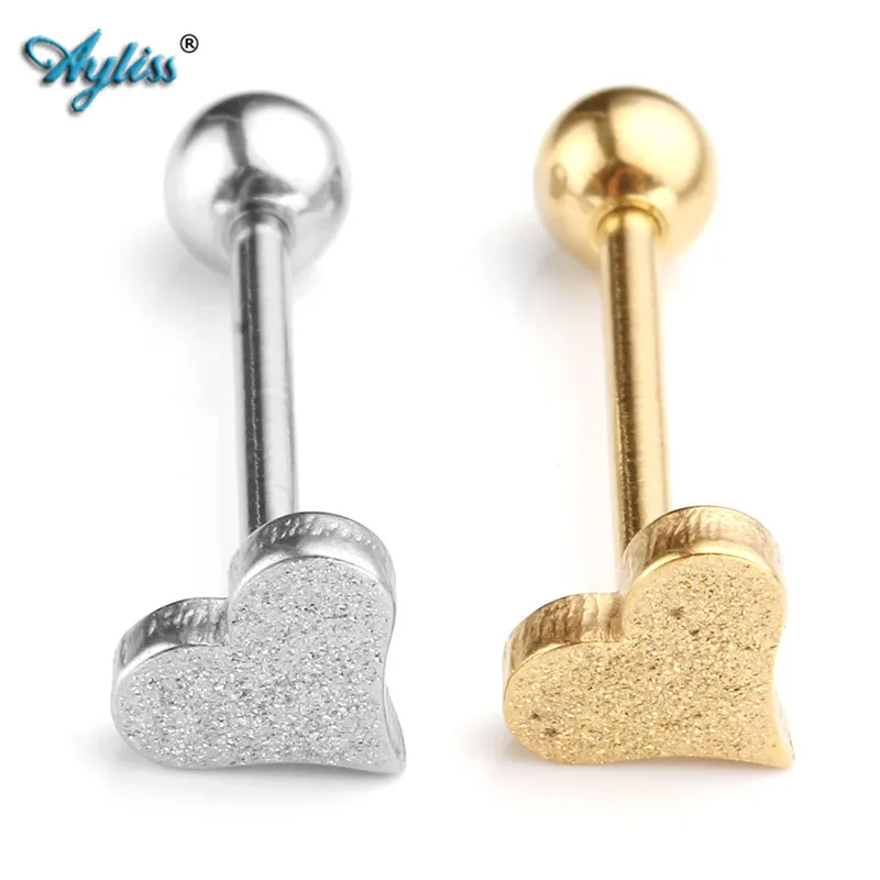 

Ayliss 1x Silvery 1x Golden 14Ga (1.6mm) Percing Labret Bar Lip Ring Stainless Steel Heart Sand Blasting Leveraged Tongue Rings