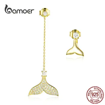 

bamoer Mermaid Asymmetry Long Earrings Gold Color Fish Tail Crystal Silver 925 Dangle Earring for Women Korean Girl Gift BSE164