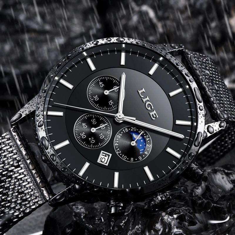 New Men Watch LIGE Mens Watches Top Brand Luxury Quartz Wristwatch Men Full Steel Grid Casual Strap Waterproof Sport Chronograph