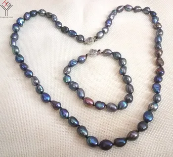 

women Jewelry 100% real pearl necklace bracelet set 11mm AAA black gray purple colors baroque natural pearl gift