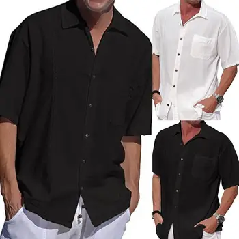 

Summer Solid Color Men Patch Pocket Turn Down Collar Short Sleeve Shirt Top