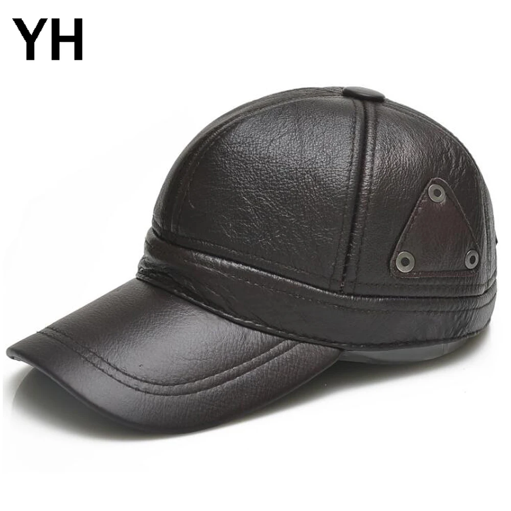 

New Men Real Leather Ear Protection Cap Brand Casual Cowhide eather Baseball Hat Autumn Winter Men Real Cowhide Leather caps