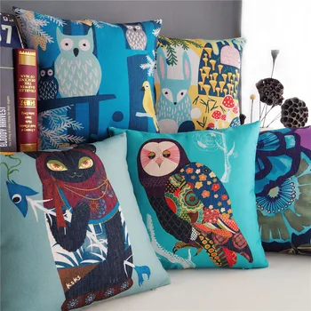 

Linen Cushion Cover Home Decorative Mediterranean Colorful Flowers Owl Pattern 4786 Pillow Case Sofa Chair Waist Pillow cover