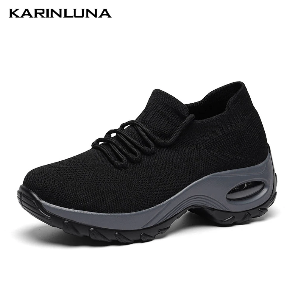 

Karinluna plus size HIGH quality knitting casual Sneakers Flats Shoes women shoelaces 2019 walking Leisure stretch Shoes Woman