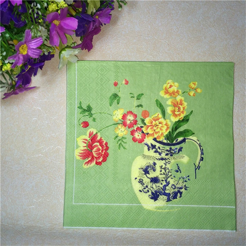 Vintage Paper Napkin Tissue Decoupage Green Print Blue White