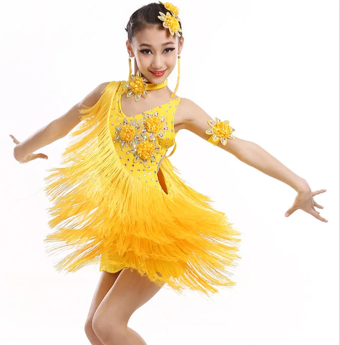 

new kids tassel flower latin Rumba cha cha salsa tango vestido latino Latin dance dress competition yellow purple red