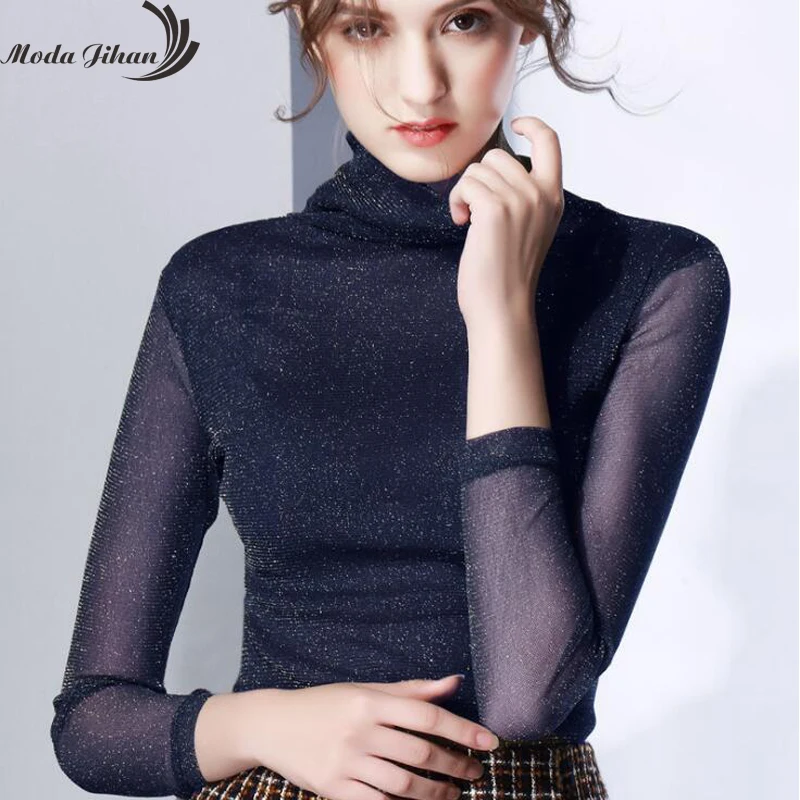 

Moda Jihan Women T-Shirts Perspective Mesh Glitter High Turtleneck Sleeve Tops Tees Glitter Tops & Tees Ladies Bottoming Shirts