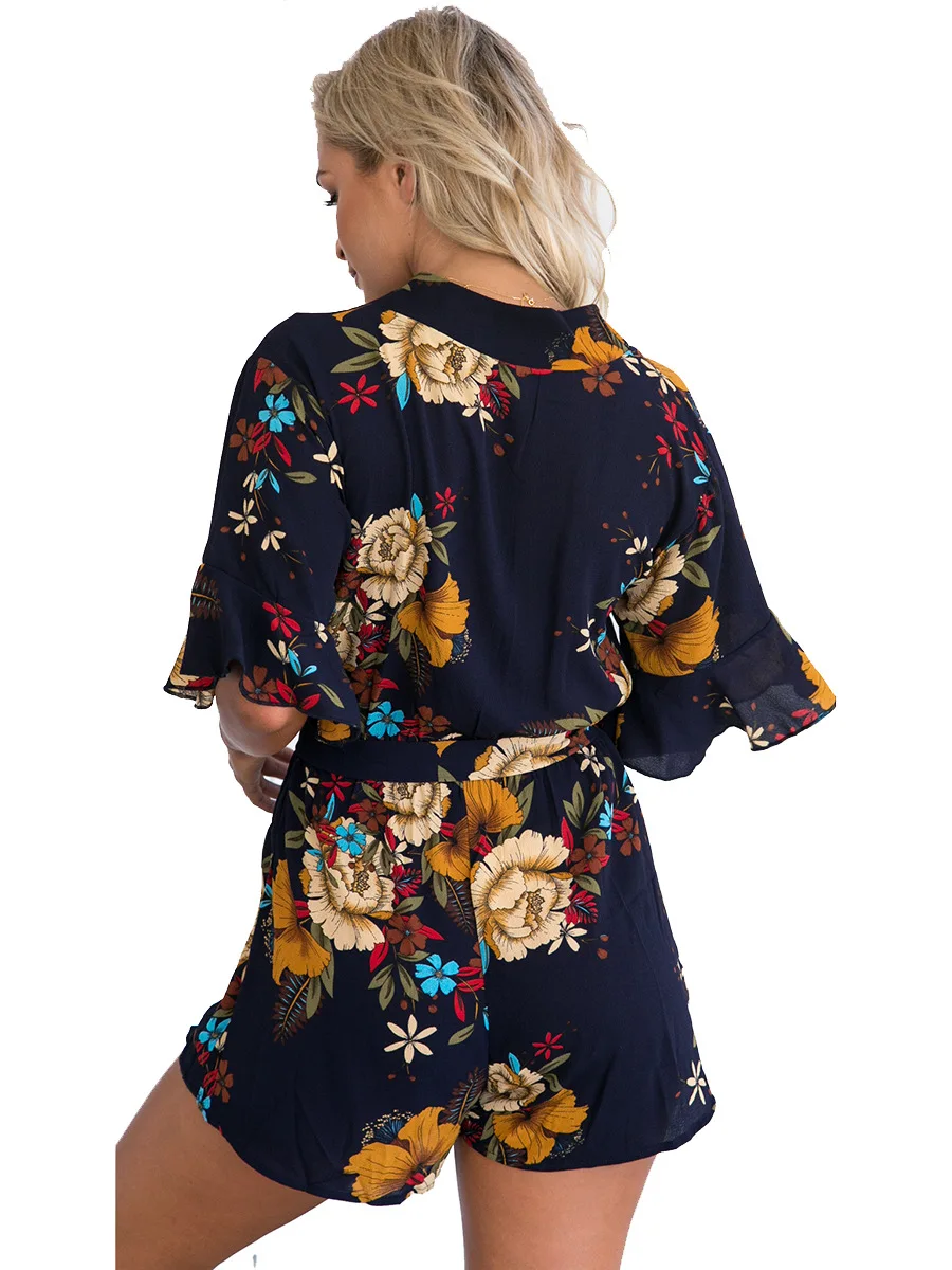 Deep V Neck Printed Short Sleeve Playsuits Deep V Neck Printed Short Sleeve Playsuits