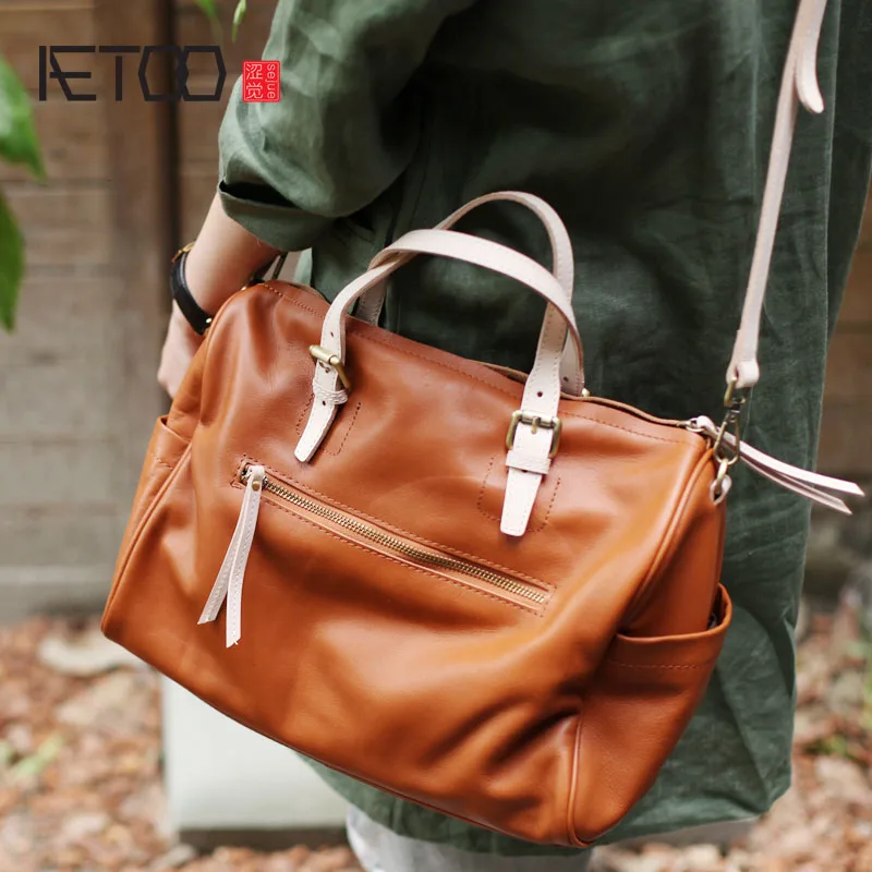 

BJYL Autumn and winter new simple top layer soft leather large capacity portable Boston bag ladies bag leather pillow bag