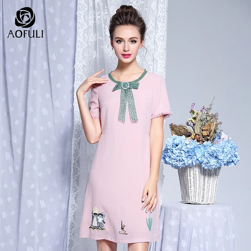 

AOFULI L- XXXL 4XL 5XL Diamond Lace Bow Tie Dress Summer Plus Size Sweet Pink Dress Tassels Short Sleeve Slim Casual Dress 00411