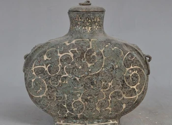 

8" Old Chinese Dynasty Pure Bronze Copper Gilt-silver zun Bottle Vase Pot Jar