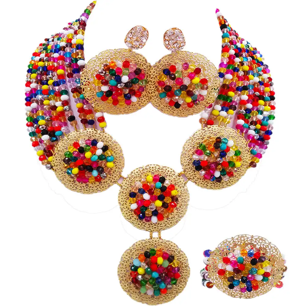 

Multicolors African Beads Jewelry Set Nigerian Necklace Bracelet Earrings Wedding Accessories Party Gifts 10PH06