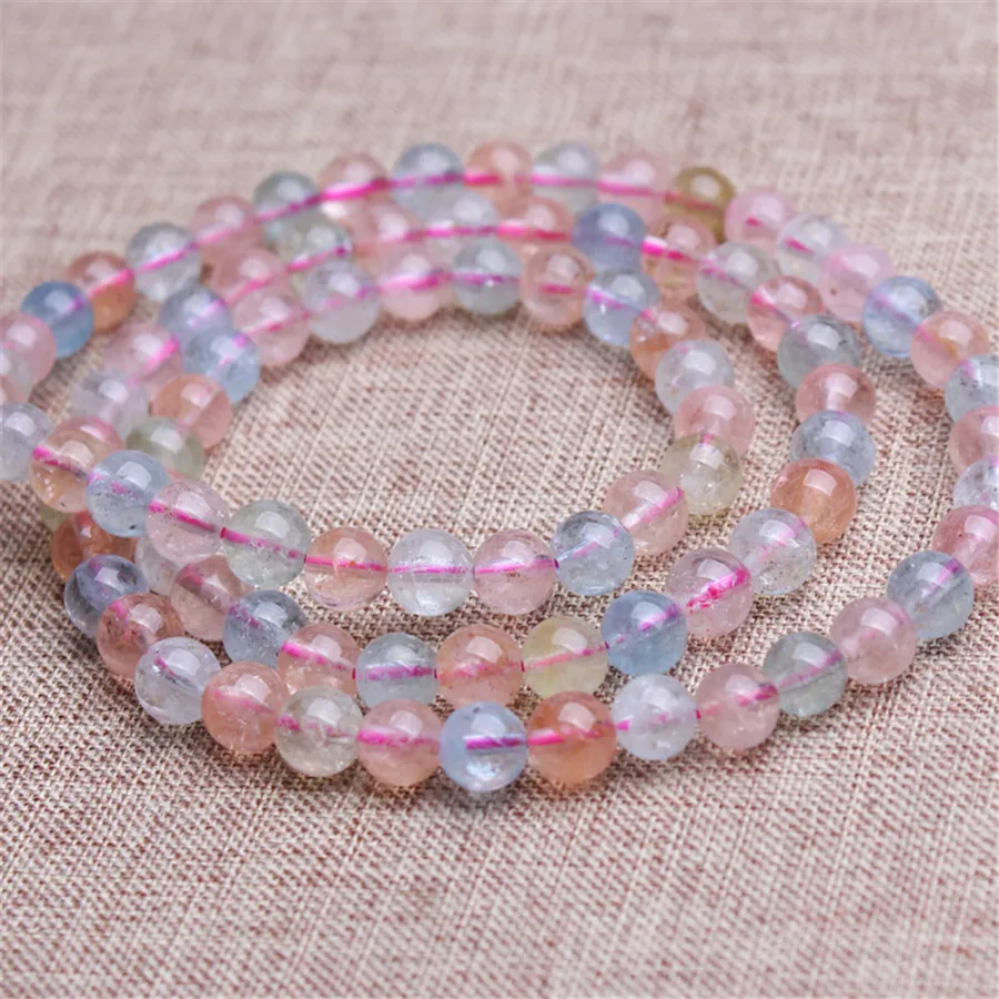 

6mm Genuine Natural Morganite Gems Stone Round Crystal Bead Stretch Charm Three Times Bracelets For Women