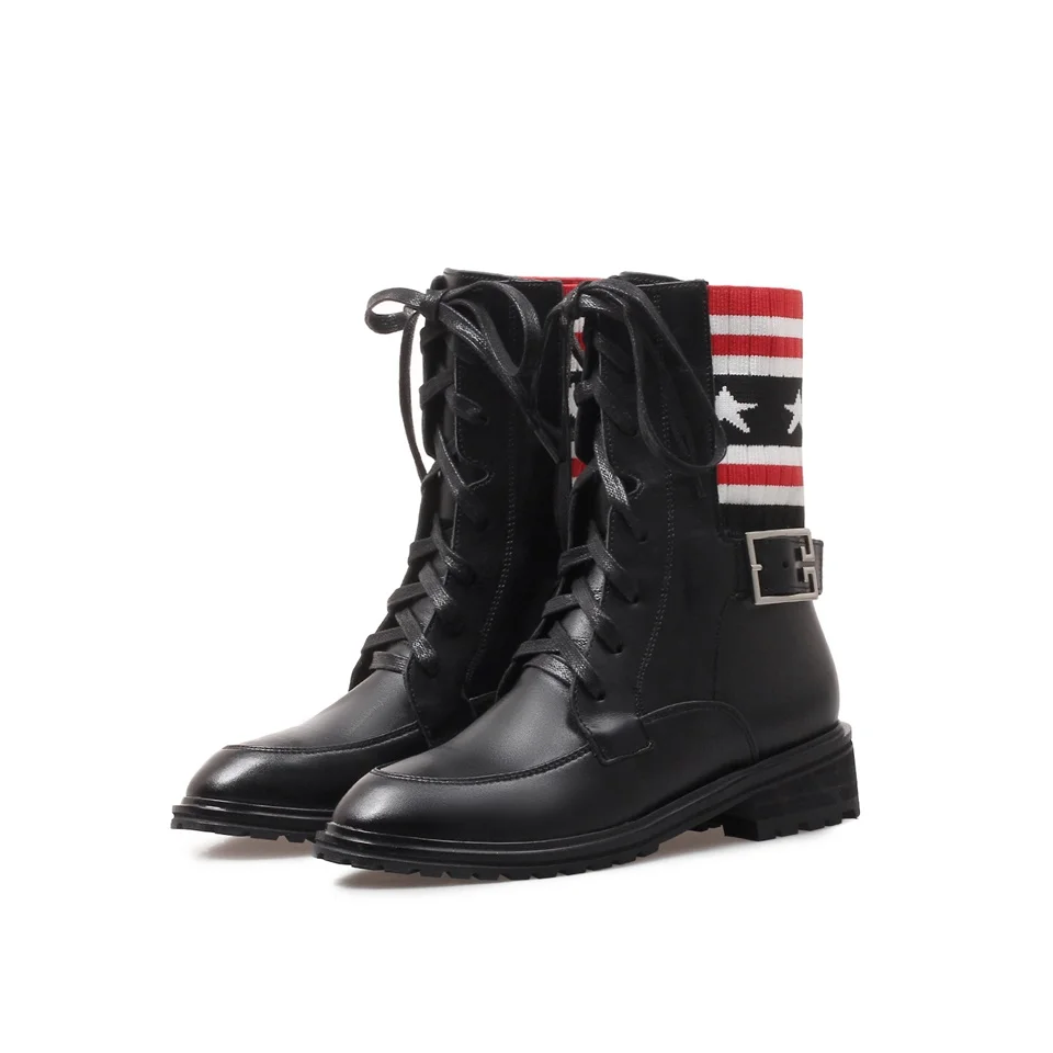 

2018 fashion women boots autumn winter new real leather round toe with Martin boots buckle decorative knitted women's booties