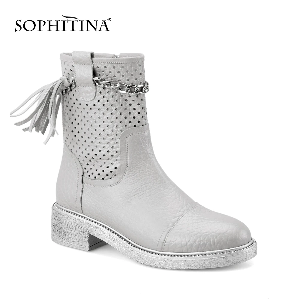 

SOPHITINA New Ankle Boots Quality Handmade Cow Leather Boot Metal Chain Ankle Boots Comfortable Warm Short Plush Shoes Boots M25