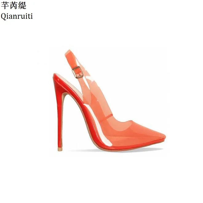 

Qianruiti Rose Gold White Clear PVC Stiletto Heels Women Sandals Buckle Strap Slingback Women Pumps Pointed Toe High Heels Shoes