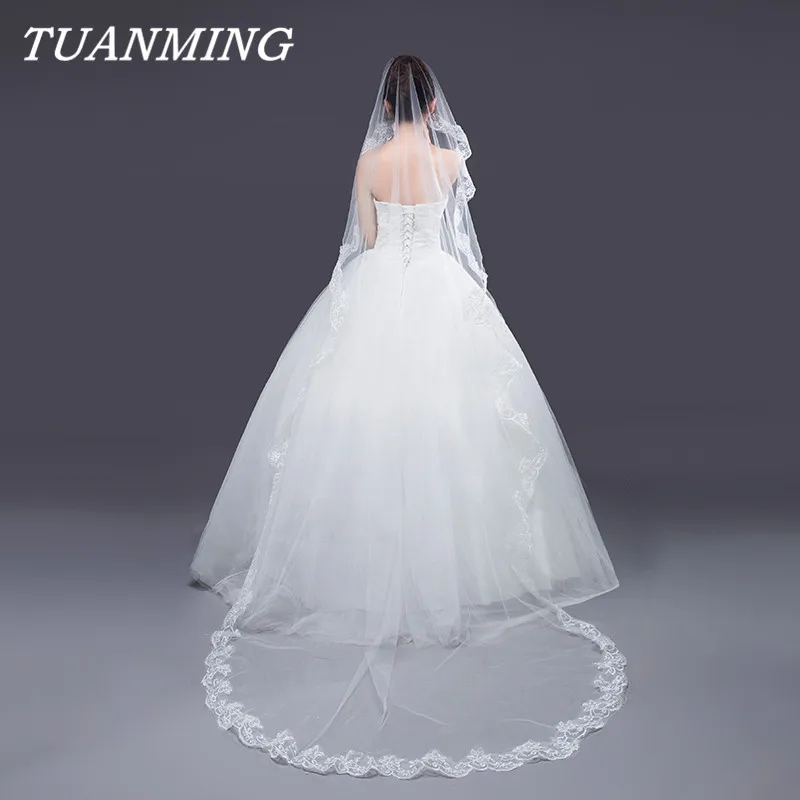 

Voile Mariage Wedding Veil Long Bridal Veil One Layer Appliques Lace Edge White 265 CM Length Cathedral Wedding Veil Accessories