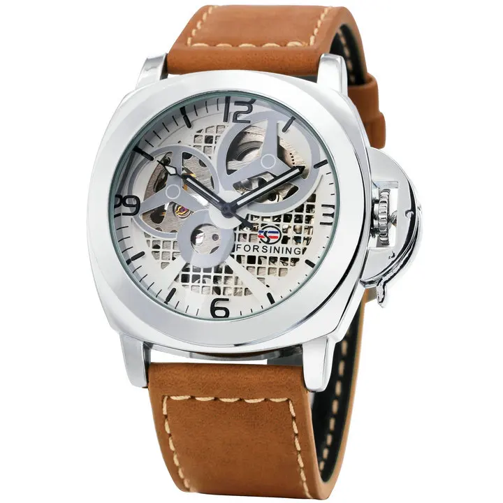 FORSINING Модные мужские автоматические механические часы коричневый кожаный ремешок Скелет циферблат 3D Индекс дизайн Топ бренд класса люкс наручные часы - Цвет: SILVER WHITE