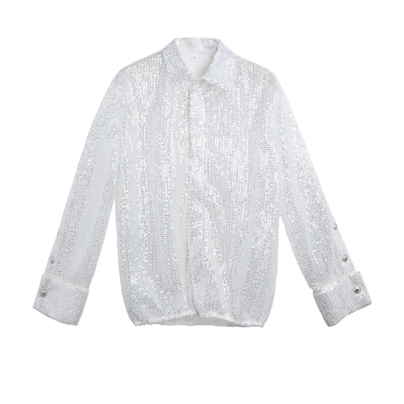 Белая шифоновая блузка с пайетками с длинным рукавом, блестящая Лазерная блузка