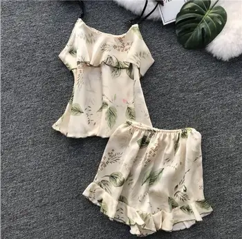 

Spring Summer Women Casual Home Wear Print Silk Satin 2 pieces pajamas sets