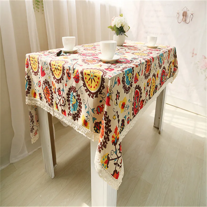Bohemian sunflower table cloth with lace cotton linen tablecloth