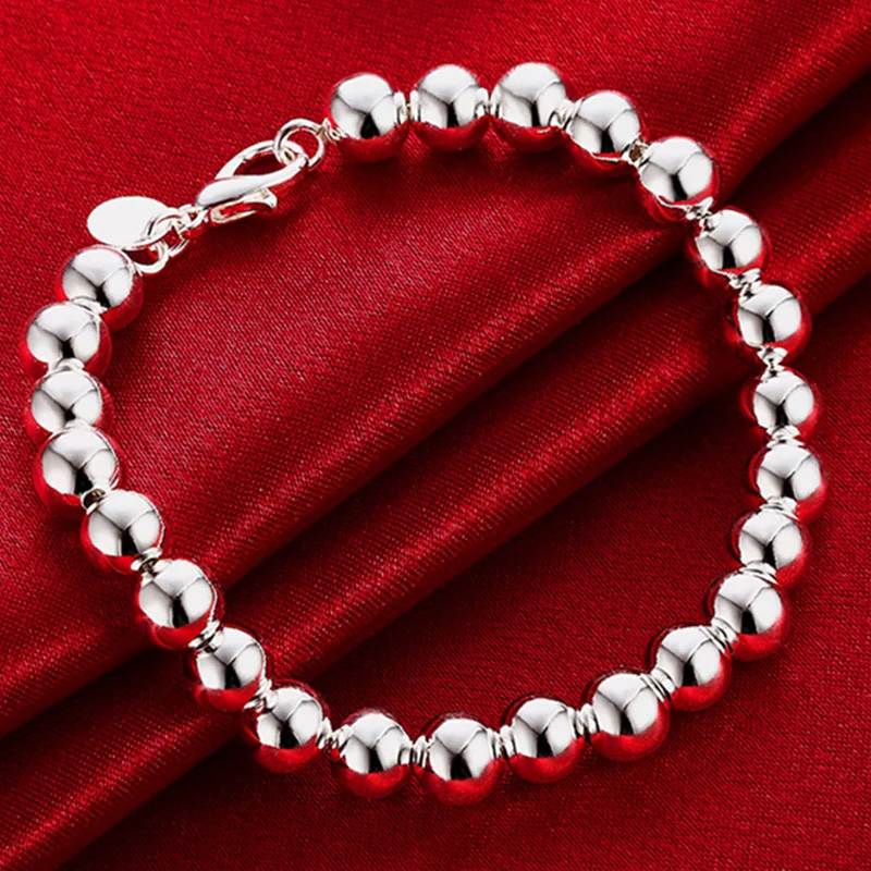 

925 Silver Color Smooth 8mm Hollow Beads Bracelet Women Jewelry Wild Lady Fashion High Quality Jewelry 21CM