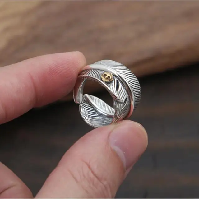 

100% Pure 925 Sterling Silver Mens Ring Thick Band Designer Feather Cuff Ring Assia Top Trendy Silver 925 Mens Jewelry Free Box