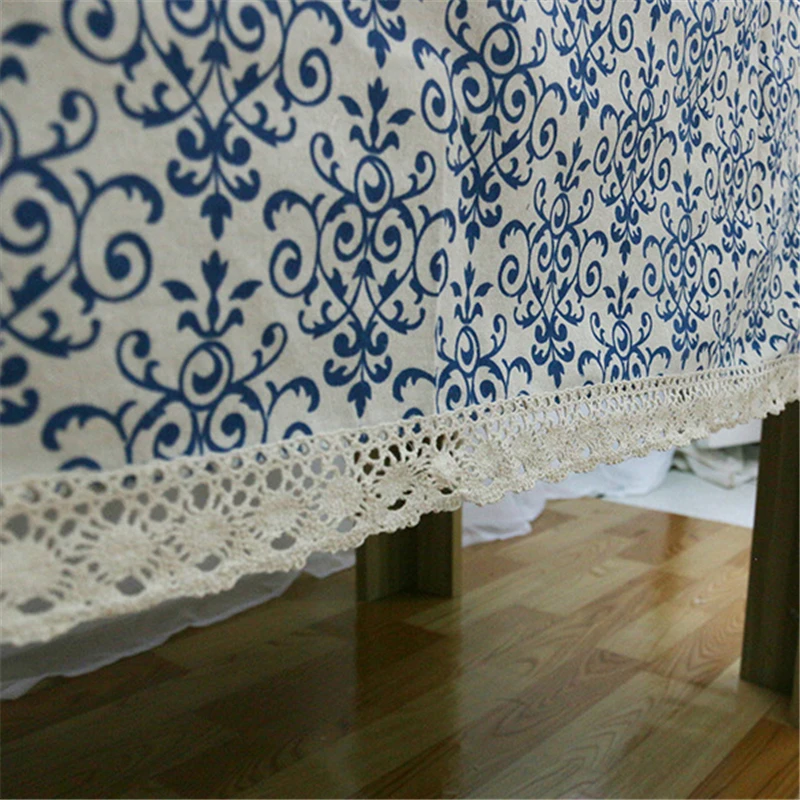 Retro Classic Lace Printed Table Cloth Cotton Linen Blue Floral Rectangle Dining Table Cloth For Home Picnic Kitchen Table Cover