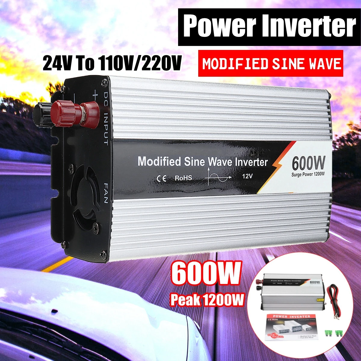 

600W 1200W(Peak) Power Inverter Modified Sine Wave Power Voltage transformer Inverter Converter 24V to 110V/220V